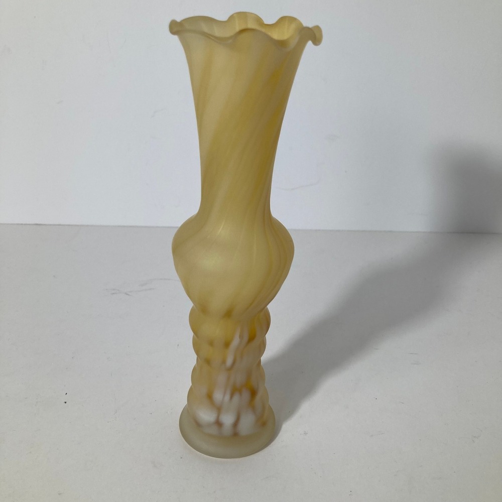 Vintage Swirl Glass Bud Vase Amber Yellow Fluted Rim Art‎ Glass Decor